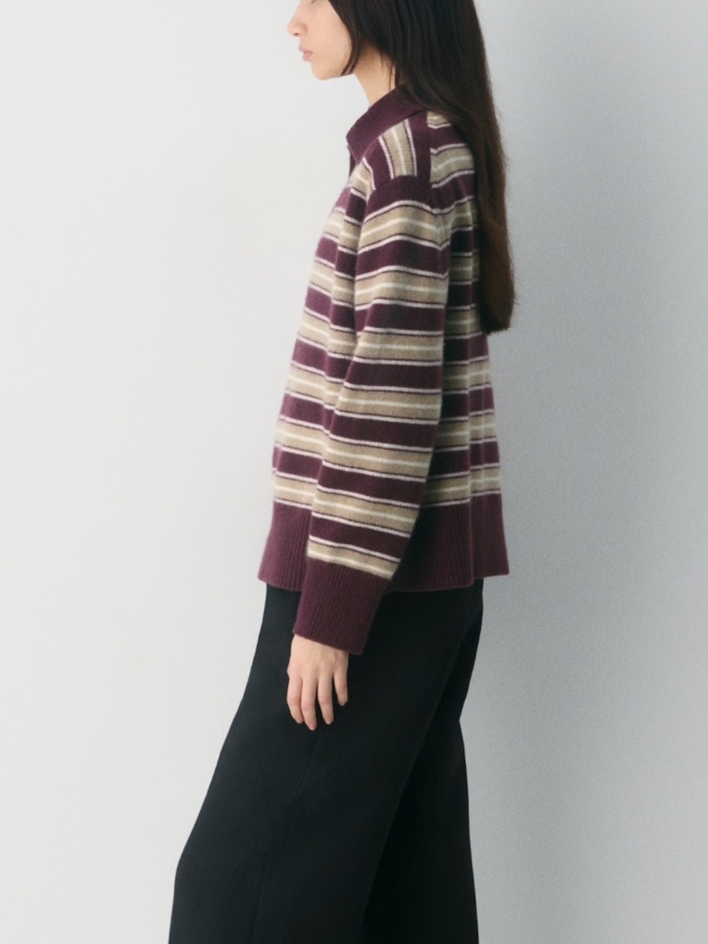 Aritzia Plush Cashmere Striped Polo Sweater in Plum and Cream - Picture 3 of 7